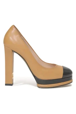 Camel leather round-toe platform block heel pumps with contrasting cap toes