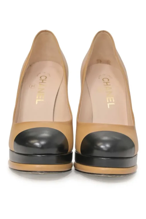 Camel leather round-toe platform block heel pumps with contrasting cap toes