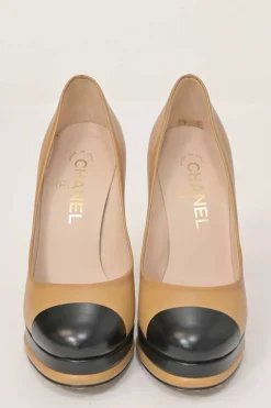 Camel leather round-toe platform block heel pumps with contrasting cap toes
