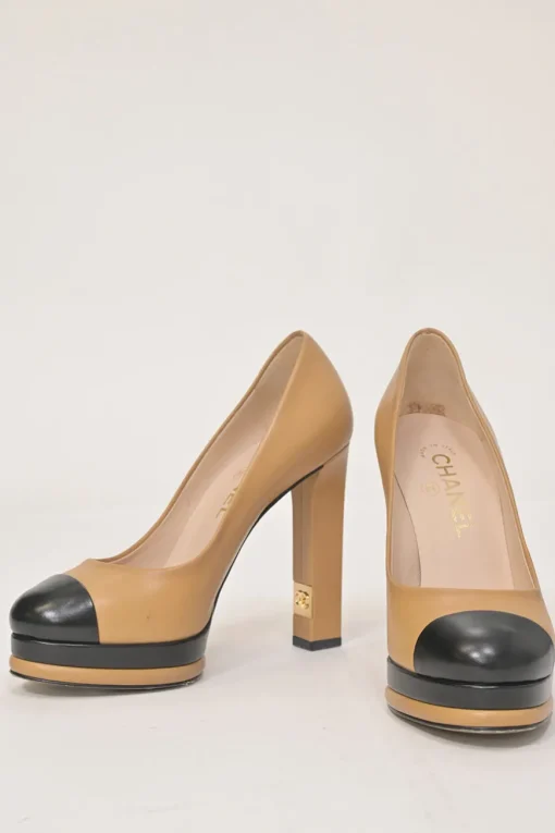 Camel leather round-toe platform block heel pumps with contrasting cap toes