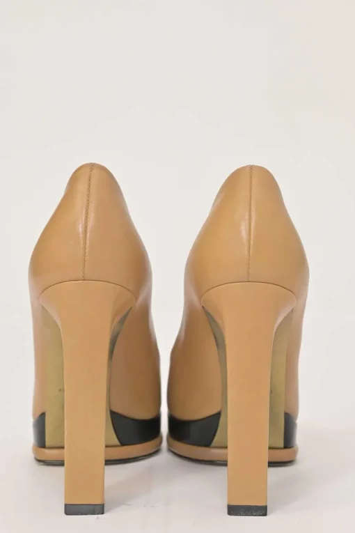 Camel leather round-toe platform block heel pumps with contrasting cap toes