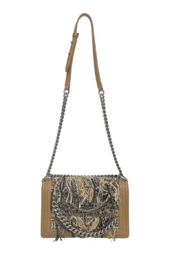 Camel matelassé lambskin and tonal fantasy bouclé tweed Boy bag with fringes and chains