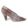 Camel mohair-blend brushed check fabric and leather pointed-toe V-neck pumps with cone heels