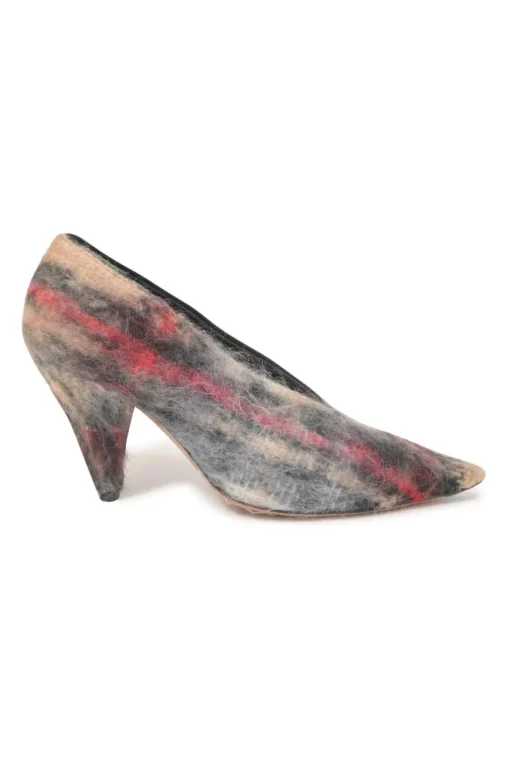 Camel mohair-blend brushed check fabric and leather pointed-toe V-neck pumps with cone heels