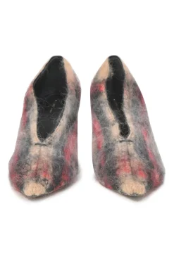 Camel mohair-blend brushed check fabric and leather pointed-toe V-neck pumps with cone heels