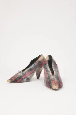 Camel mohair-blend brushed check fabric and leather pointed-toe V-neck pumps with cone heels