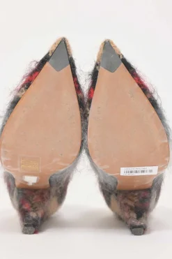 Camel mohair-blend brushed check fabric and leather pointed-toe V-neck pumps with cone heels