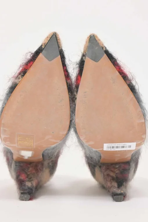 Camel mohair-blend brushed check fabric and leather pointed-toe V-neck pumps with cone heels