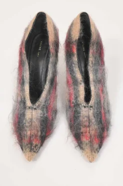 Camel mohair-blend brushed check fabric and leather pointed-toe V-neck pumps with cone heels