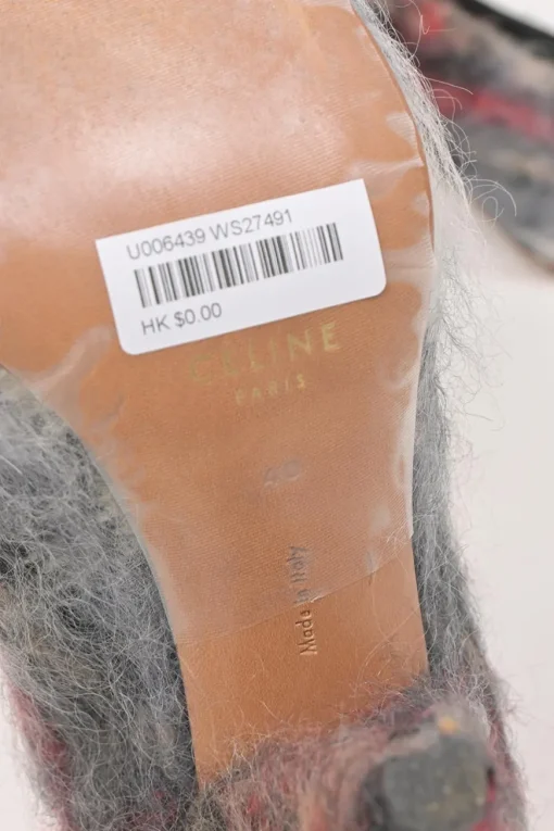 Camel mohair-blend brushed check fabric and leather pointed-toe V-neck pumps with cone heels