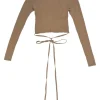 Camel pointelle open-back second-skin knit top with adjustable lace-up detail at centre back