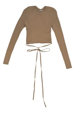 Camel pointelle open-back second-skin knit top with adjustable lace-up detail at centre back