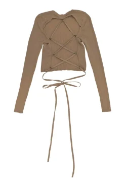 Camel pointelle open-back second-skin knit top with adjustable lace-up detail at centre back