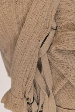 Camel pointelle open-back second-skin knit top with adjustable lace-up detail at centre back