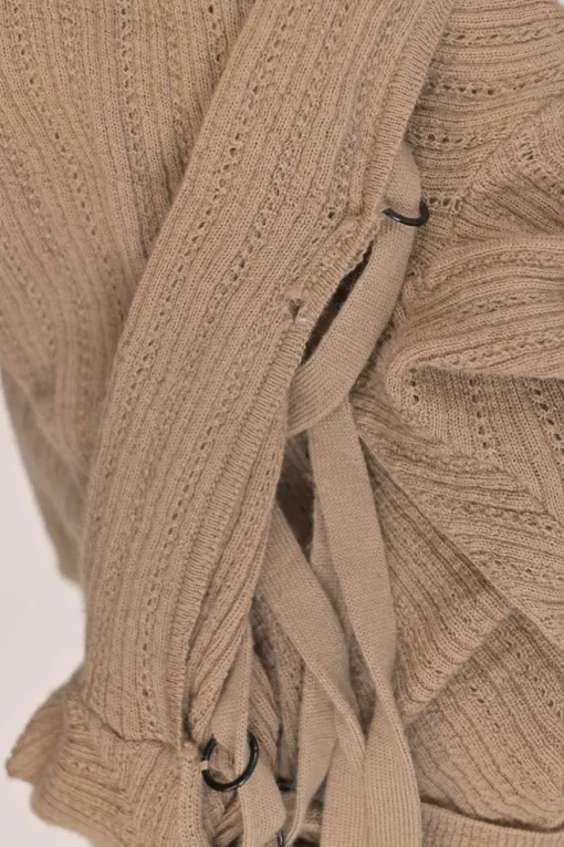 Camel pointelle open-back second-skin knit top with adjustable lace-up detail at centre back