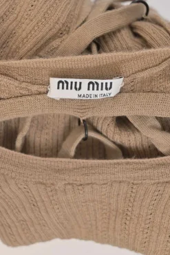 Camel pointelle open-back second-skin knit top with adjustable lace-up detail at centre back