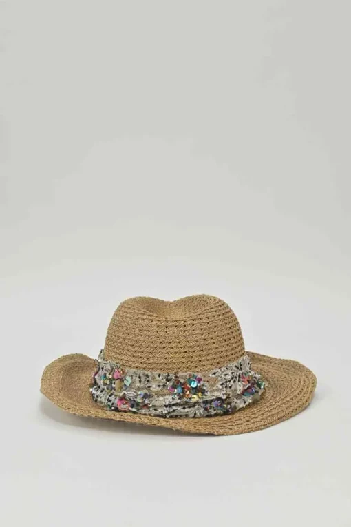 Camel sequin and mesh-embellished Toyo paper and cotton