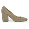 Camel suede almond-toe block heel pumps