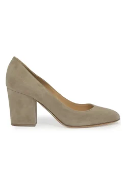 Camel suede almond-toe block heel pumps