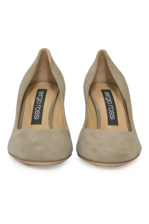 Camel suede almond-toe block heel pumps