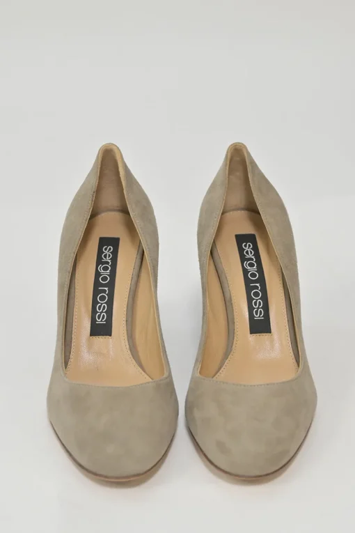 Camel suede almond-toe block heel pumps