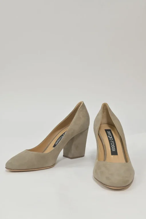 Camel suede almond-toe block heel pumps