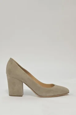 Camel suede almond-toe block heel pumps