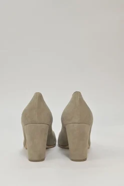 Camel suede almond-toe block heel pumps