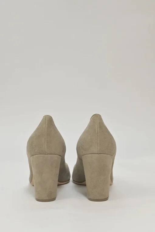 Camel suede almond-toe block heel pumps