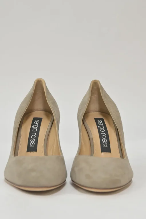 Camel suede almond-toe block heel pumps