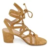 Camel suede and leather round-toe lace-up block heel sandals