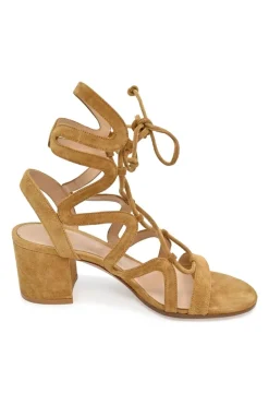 Camel suede and leather round-toe lace-up block heel sandals