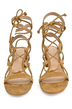 Camel suede and leather round-toe lace-up block heel sandals