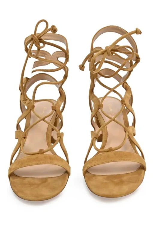 Camel suede and leather round-toe lace-up block heel sandals
