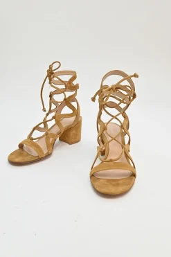 Camel suede and leather round-toe lace-up block heel sandals