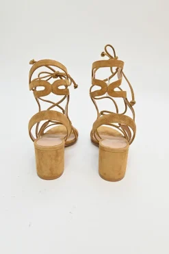 Camel suede and leather round-toe lace-up block heel sandals