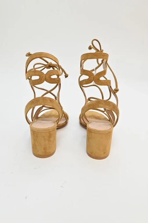 Camel suede and leather round-toe lace-up block heel sandals
