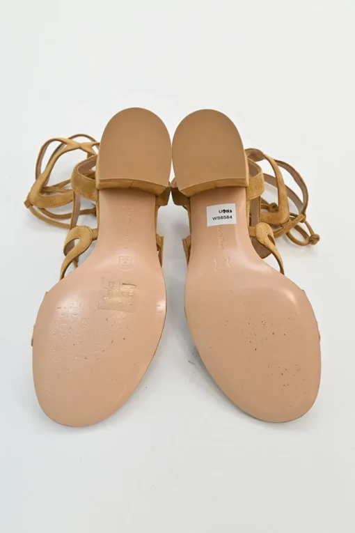 Camel suede and leather round-toe lace-up block heel sandals