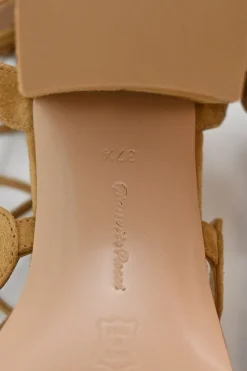 Camel suede and leather round-toe lace-up block heel sandals