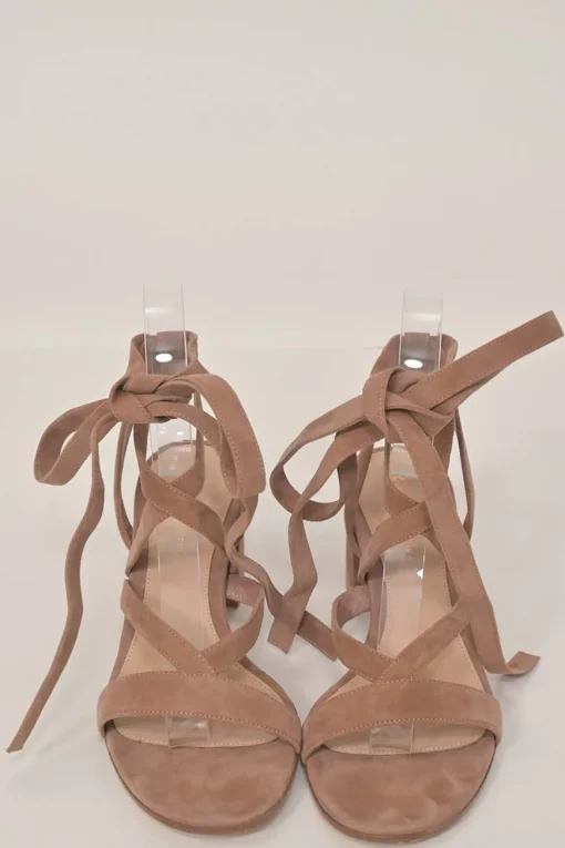 Camel suede Janis 65 round-toe lace-up block heel sandals