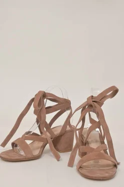 Camel suede Janis 65 round-toe lace-up block heel sandals