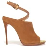 Camel suede open-toe Lumir platform booties with criss-cross buckle strap