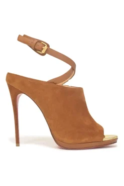 Camel suede open-toe Lumir platform booties with criss-cross buckle strap