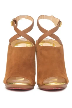 Camel suede open-toe Lumir platform booties with criss-cross buckle strap