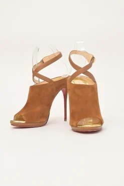 Camel suede open-toe Lumir platform booties with criss-cross buckle strap
