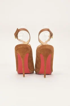 Camel suede open-toe Lumir platform booties with criss-cross buckle strap