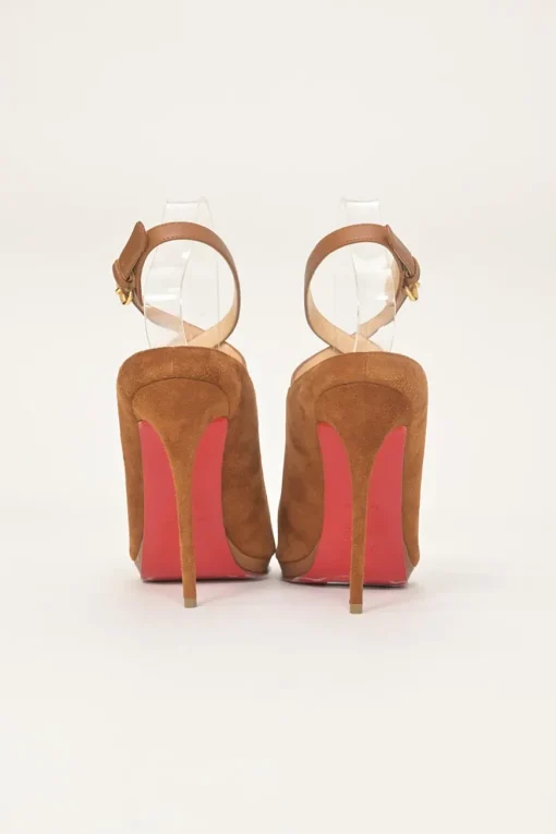 Camel suede open-toe Lumir platform booties with criss-cross buckle strap