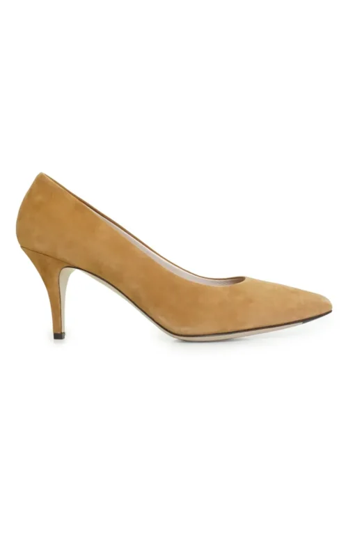 Camel suede pointed toe mid-heel pumps