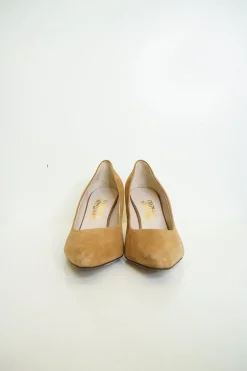 Camel suede pointed toe mid-heel pumps