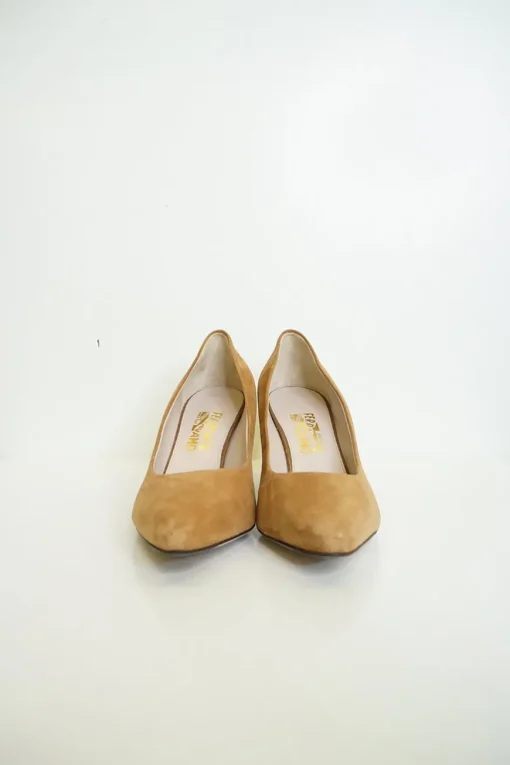 Camel suede pointed toe mid-heel pumps